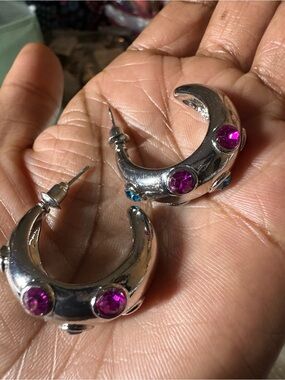 Silver Crescent Hoop Earrings with Pink and Blue Stones